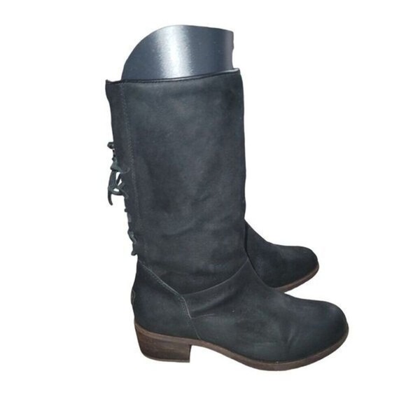 Ugg Cary Womens Black Suede Boots Leather Laces Up Back 8 Western Moto Biker Y2K - Picture 4 of 10
